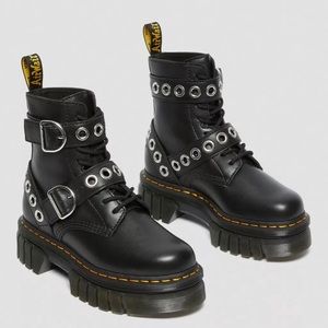 DR MARTENS AUDRICK HARDWARE BLACK LEATHER PLATFORM BOOTS